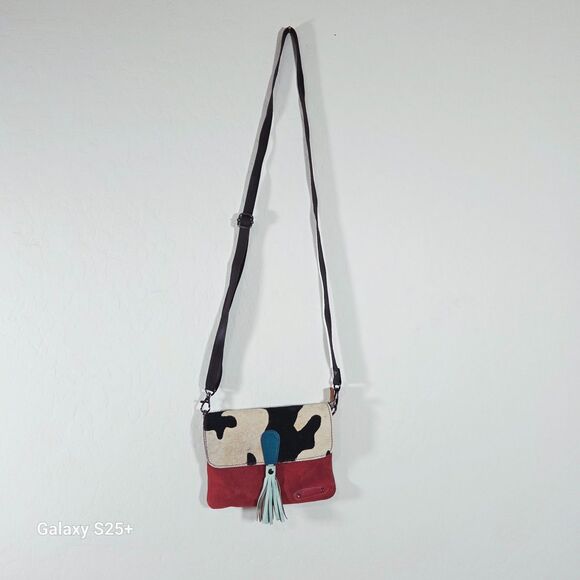Soruka Handbags - Soruka Recycled Leather Cowhide Crossbody Clutch Bag Red Teal Tassel